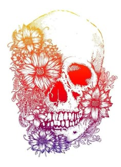 a drawing of a skull with flowers on it