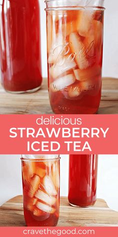 two jars filled with ice tea sitting on top of a wooden table next to each other