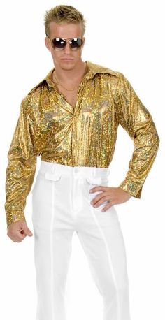 Adult Gold Holographic Disco Shirt - 60's Costumes 80s Disco Party Outfit, 70s Disco Costume, Best Plus Size Jeans, Disco Party Outfit, Outfit Herren, 80s Party Outfits, Party Outfit Men, Disco Costume, Glitter Shirt