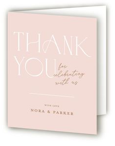 a pink thank card with the words, thank you for celebrating with us