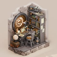 a miniature model of a room with a clock on the wall and various items around it