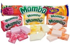 many different types of candy bars on a white background with the word mambo written in it