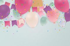 balloons, streamers and confetti on a light blue background