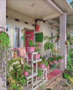 a pink door and some potted plants on the porch