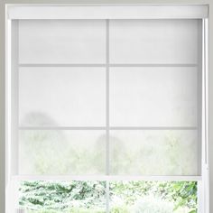 an open window with white blinds in front of it