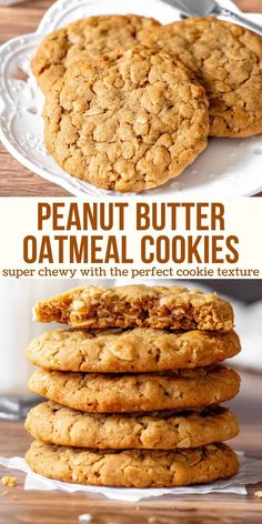 peanut butter oatmeal cookies stacked on top of each other with text overlay