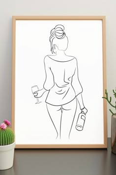 a line drawing of a woman holding a wine glass in her right hand and a potted cactus next to it