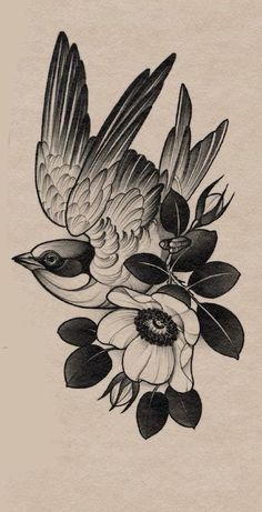 a black and white drawing of two birds with flowers