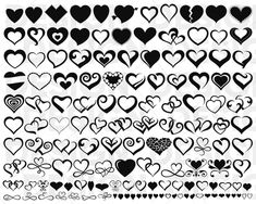 a large collection of hearts in different shapes and sizes, all black on white background