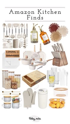 an image of kitchen items and utensils with the words amazon kitchen finds on it