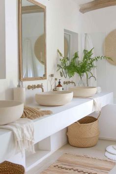 a bathroom with two sinks, mirrors and plants in baskets on the counter top next to each other