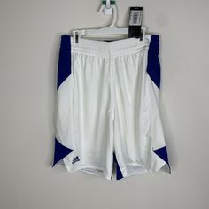 This Is A Nwt Pair Of Adidas Mens Small White And Blue Basketball Shorts. Msrp $40 Please See Last Few Photos For Measurements. White Adidas Sports Shorts, Adidas White Sportswear Bottoms, Adidas Sporty White Athletic Shorts, Adidas White Athletic Shorts With Moisture-wicking, Adidas White Sports Shorts, Adidas White Cotton Athletic Shorts, White Moisture-wicking Bottoms For Spring, Adidas White Casual Shorts, Adidas Casual White Shorts