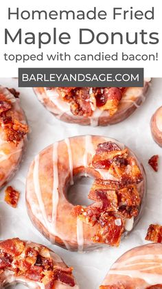 homemade fried maple donuts with candied bacon on top and text overlay reading homemade fried maple donuts topped with candied bacon