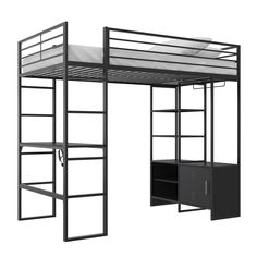 a black metal bunk bed with a desk underneath it and shelves below the bed for storage