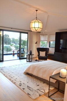 a bedroom with a large bed and sliding glass doors leading to an outside deck area