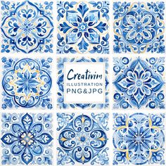 blue and white tile designs with the words creativity illustration ping & ppg on them