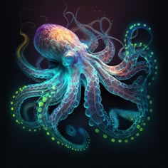 an octopus is glowing in the dark with green and yellow dots on it's body