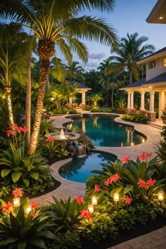 an outdoor swimming pool surrounded by palm trees and flowers at night with candles lit up