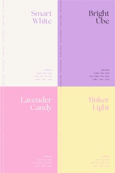 four different colored cards with the words smart white, lavender candy and pink lemonade