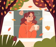 a woman is looking out the window with autumn leaves around her and holding a cup