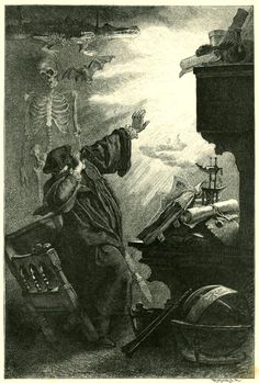 an old illustration of a skeleton standing next to a man