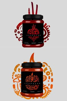 two jars with red and black labels on them, one is filled with orange liquid