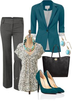 Mulberry Tote, Teal Blazer, Stylish Blazer, Gray Pants, Pretty Top, Rock Chic, Professional Attire, Blazer Outfits