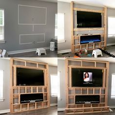 three pictures of the same room with different things in it, including televisions and bookshelves