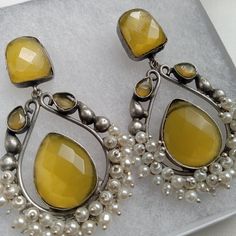 Gorgeous Large Indian Earrings! Antiqued Look Silver Tone With Faceted Yellow Glass Stones And Faux Pearl Dangles. Approx 2.5" Long Excellent Condition/Nwot Also Available In Red Offers And Questions Are Always Welcome Packaged With Care Same/Next Day Shipping Handmade Yellow Earrings For Party, Yellow Earrings For Party, Yellow Drop Earrings, Yellow Danglers As A Gift, Yellow Drop Earrings For Wedding, Elegant Yellow Drop Earrings, Yellow Teardrop Earrings For Wedding, Yellow Jewelry With Large Oval Beads, Yellow Sterling Silver Drop Earrings