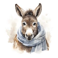 a painting of a donkey wearing a scarf and looking at the camera with snow on its face