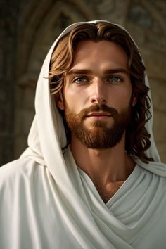 a man with long hair wearing a white robe