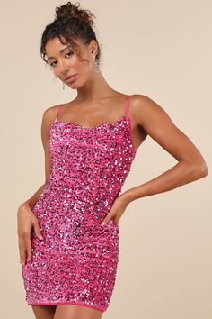 Admirers will flock and jaws will drop when you arrive in the Lulus Dazzling Vibe Magenta Pink Velvet Sequin Mini Bodycon Dress! Plush velvet, adorned with sparkling pink sequins, shapes this eye-catching dress that falls from slender, adjustable spaghetti straps into a cowl neckline. The fitted bodice continues into a bodycon skirt that ends at a flirty mini hem. Hidden back zipper/clasp. Fit: This garment fits true to size. Length: Mid-thigh. Size medium measures 27.13" from adjustable straps to hem. Bust: Great for any cup size. Waist: Fitted - very fitted at natural waist. Hip: Fitted - stretchy fabric allows room for hips. Undergarments: May be worn with a strapless bra, adhesive bra, petals, or no bra. Fabric: Fabric is very stretchy. Fully lined. Shell: 95% Polyester, 5% Spandex. Li Sequin Dress For Bachelorette Party, Sequin Dresses For Bachelorette Party Season, Pink Flirty Dress For Bachelorette Party, Pink Dress For Bachelorette Party In Spring, Pink Sleeveless Dress For Bachelorette Party, Pink Mini Dress For Bachelorette Party In Spring, Sequin Dress For Bachelorette Party And Party Season, Fitted Sparkling Pink Dress, Pink Sequin Dress For Night Out And Holiday