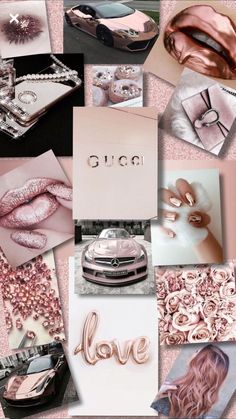 a collage of pink and silver images with the word love written on them in cursive writing