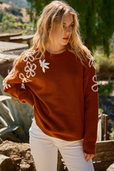 As cooler days sneak up on us, bask in the warmth of a cozy, new sweater! Rowen Pullover Sweater Floral Embroidery Detail Color - Rust Sweater Plus Size, Tie Dye Pants, Sweater Plus, Embroidery Sweater, New Sweater, Sneaks Up, Bubble Dress, Holiday Tops, Fringe Jacket