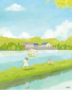 a painting of a girl with flowers in her hand near the water and some houses