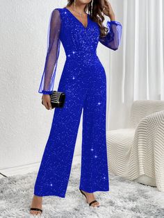 Royal Blue Party Collar Long Sleeve Knitted Fabric Plain Unitard Embellished Slight Stretch  Women Clothing Trendy Cardigan Outfit, Royal Blue Party, Cardigan Fall Outfit, Glitter Jumpsuit, Trendy Cardigans, Body Suit Tattoo, Winter Attire, Blue Party, Love Clothing