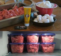 there are several different food items on the shelves in this kitchen, including meat and eggs