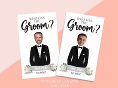 two grooms are wearing tuxedos and bow ties with the words, who has the groom?