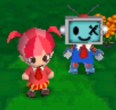 two cartoon characters are standing in front of a tv screen with an emote on it