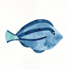 a watercolor painting of a blue fish with black stripes on it's body