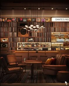 the interior of a restaurant with chairs, tables and shelves filled with bookshelves