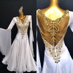 All dresses are custom made based on your measurements and will take 35-40 days for production and 1-2 weeks for delivery. Urgent order is available at additional cost. All prices in the listings are based on XS/S size, if you have a different size, the cost may increase due to more fabric and embellishments are required to keep the visual effect of the same design. You may share your height weight bust waist hip measurements with us to confirm your price before placing an order. You may alter t Elegant Fitted Dance Dress, Fitted Gold Gown, Elegant Fitted Dress For Dance, Fitted White Ball Gown, Elegant Dance Dress With Fitted Bodice, White Fitted Dress For Ballroom, Fitted Long Sleeve Dance Dress, Fitted Long Sleeve Dress For Dance, Fitted Long Sleeve Ballroom Dress