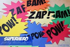 several different colored speech bubbles with the word pow in black and white, on top of each other