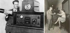 an old and new photo of two people in the same room, one is holding a record player