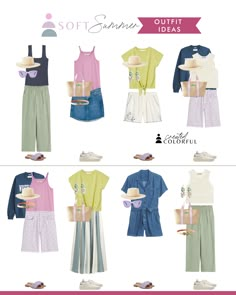 Just received your color results and want to build a fun and effortless wardrobe? We’ve provided links to the actual items shown at the bottom of each capsule graphic! Like what you see but want to switch out some of the items shown for a different color or style? We’ve linked alternatives for you, and we also added some accessories as well! Don't know your best colors? We do virtual consults! Soft Summer Summer Outfits, Soft Summer Capsule, Muted Summer, Summer Skin Tone, Clothing Capsule