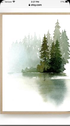 a watercolor painting of trees in the fog on a white wall above a wooden frame