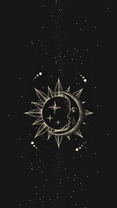 the sun and moon with stars in the sky above it, on a black background