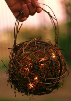 a person holding a small bird nest with lights in it