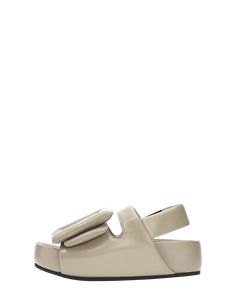 Oversized puffy buckle and belt platform slingback sandal. Lambskin upper and insole. Rubber sole. Boyy Bag, Slingback Sandal, Travel Case, Handbag Accessories, Fashion Bags, Rubber Sole, Wedges, Buckle, Sandals