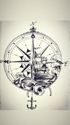 a drawing of a compass with ships in the middle and an anchor on each side